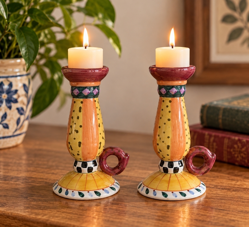 Pair Ceramic Teacup Candle Holders 6.75" Multicolored Figurine Set of 2 Vintage